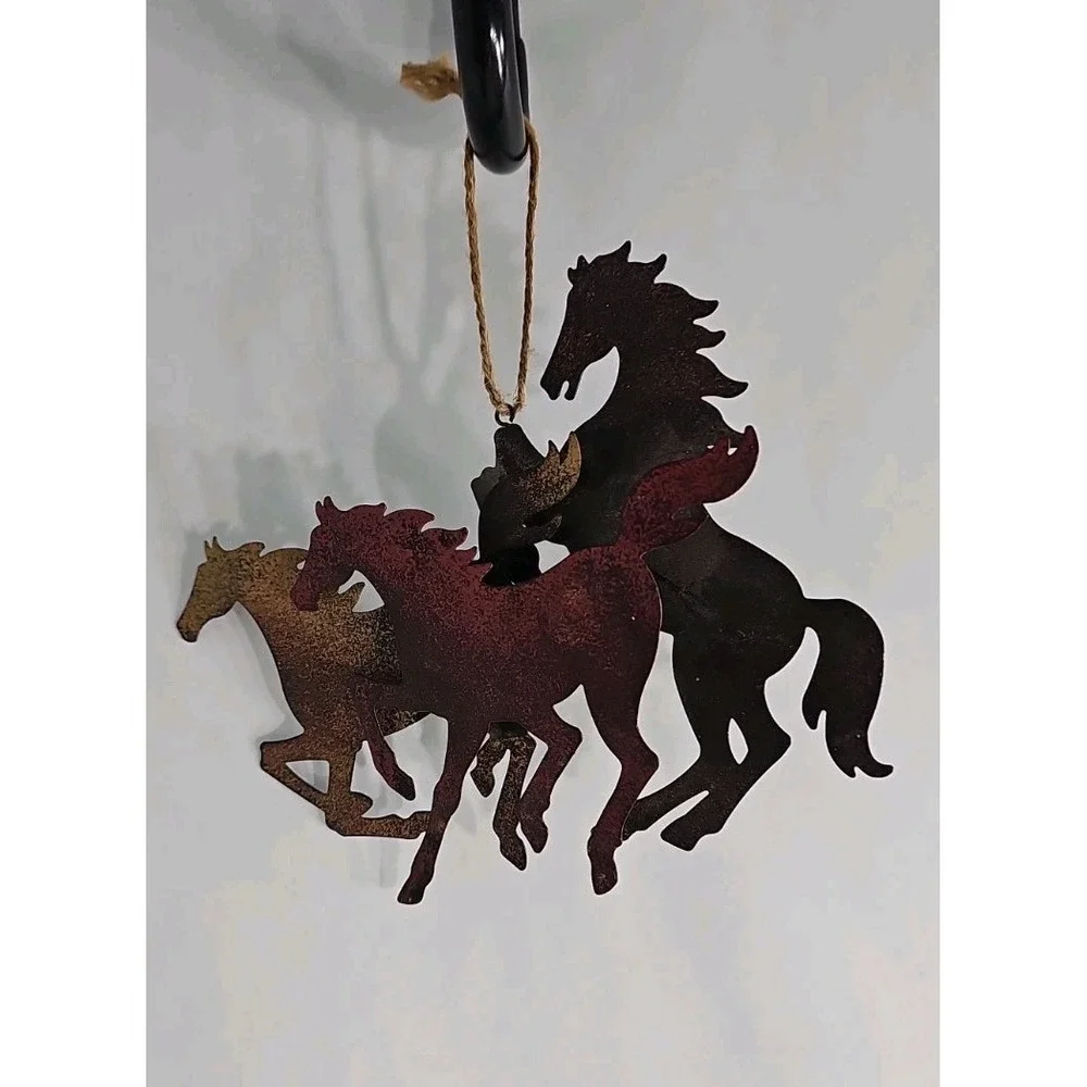 VTG Run/Rearing Wild Horses Cut Metal 3D Hanging Decor Rustic Tones Western 7x7